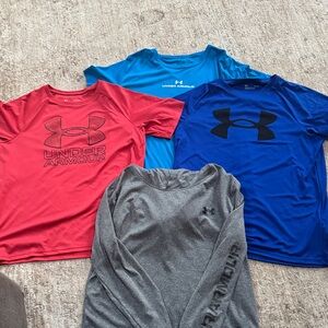 Under Armour Kids' Short Sleeve Tees - Red, Blue, and grey long sleeved hooded